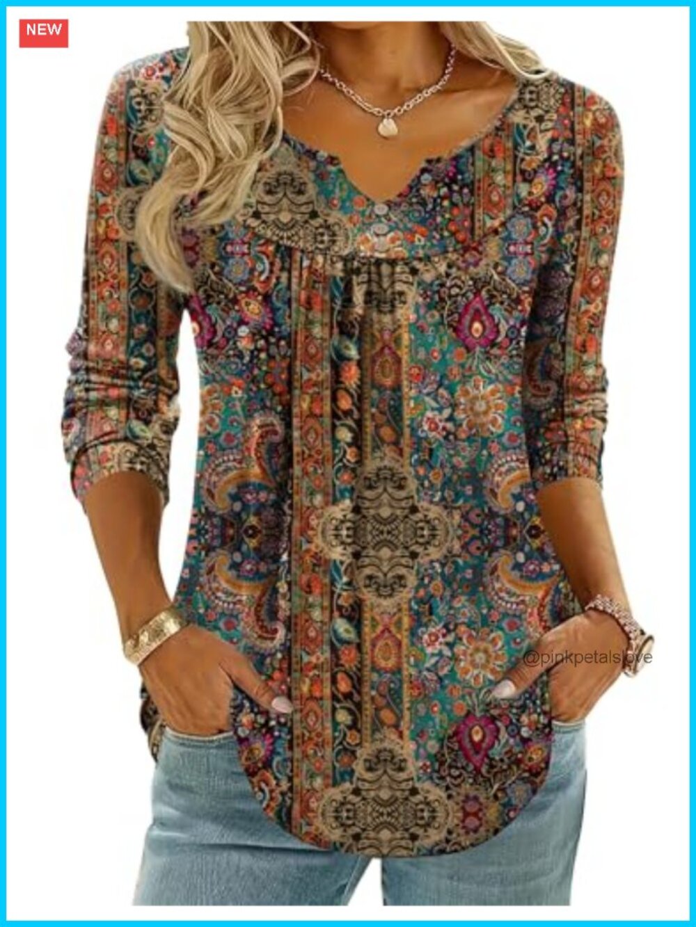 Womens Boho Tunic Top Long Sleeve V Neck Pleated Blouse